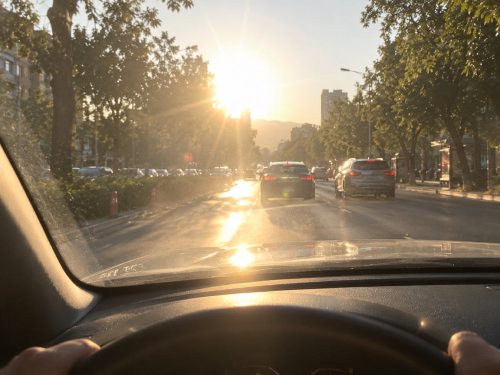Vista del conductor con el sol de frente, con destello y reflejo en el parabrisas