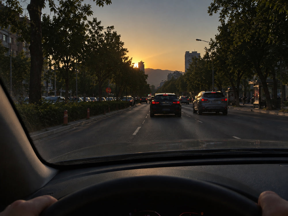 La misma calle vista a través del lente polarizado Solzia, sin destello