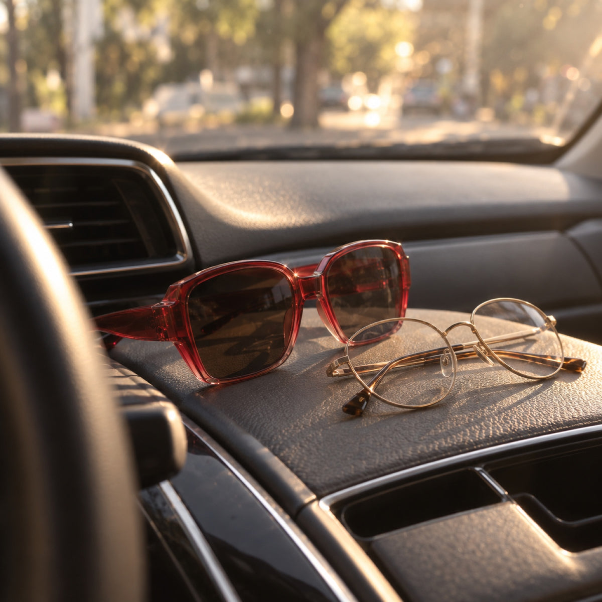 Lentes Solzia junto a unos anteojos ópticos sobre el tablero de un auto