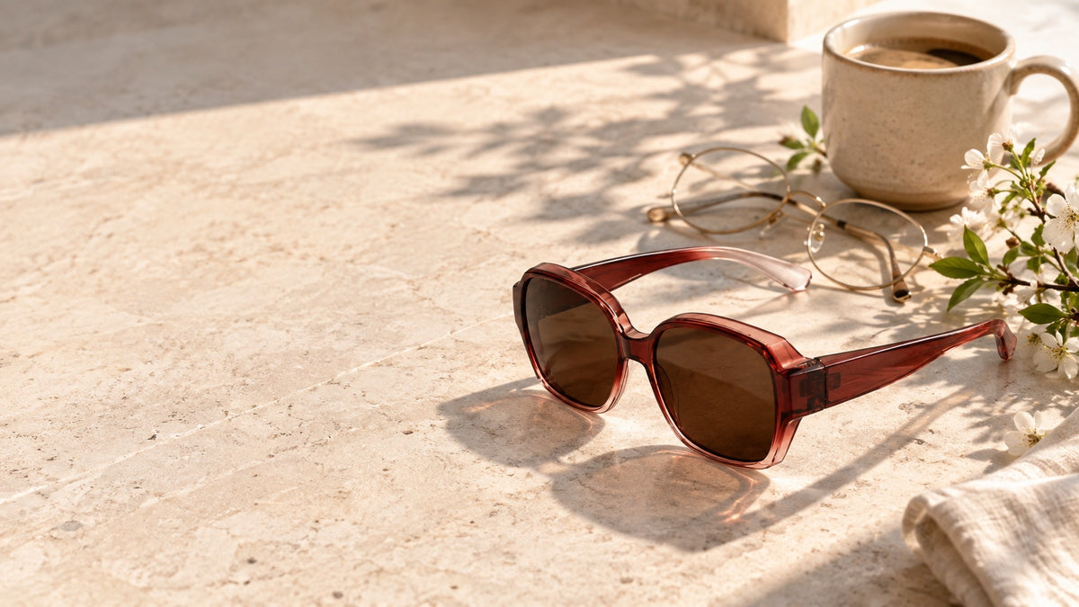 Lentes de sol Solzia junto a unos anteojos ópticos sobre una mesa de piedra con luz de mañana
